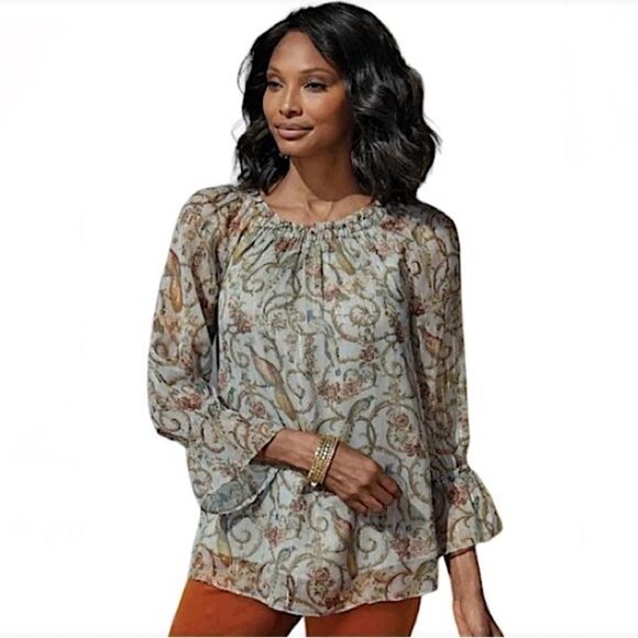 Soft Surroundings Top Womens Aitana  Baroque Peasant Print Sheer Chiffon Blouse - Picture 1 of 11